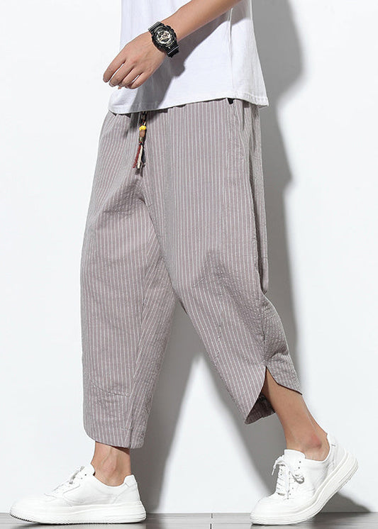 Grey Striped Pockets Cotton Summer Crop Pants Elastic Waist
