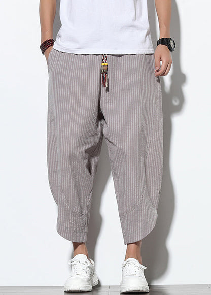 Grey Striped Pockets Cotton Summer Crop Pants Elastic Waist