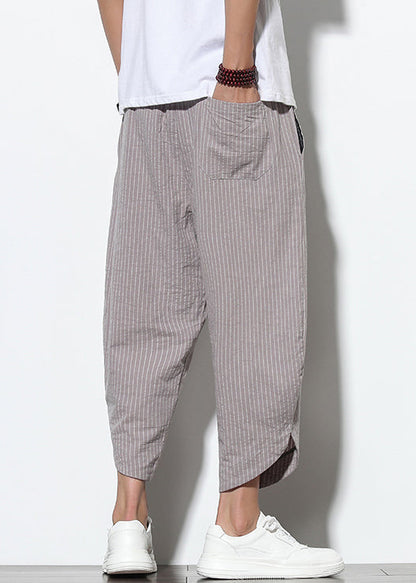 Grey Striped Pockets Cotton Summer Crop Pants Elastic Waist