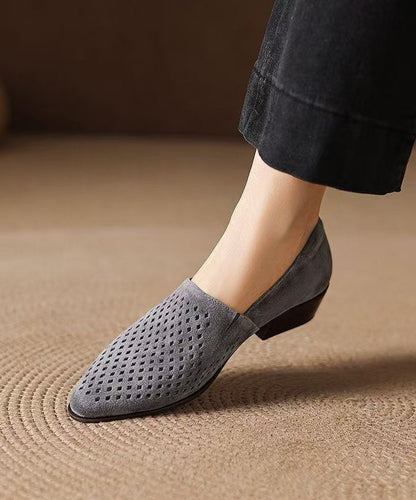 Grey Suede Hollow Out Splicing Loafers for