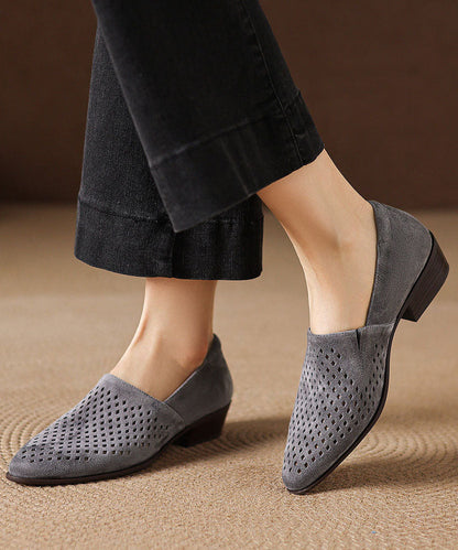 Grey Suede Hollow Out Splicing Loafers for