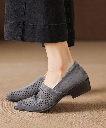 Grey Suede Hollow Out Splicing Loafers for