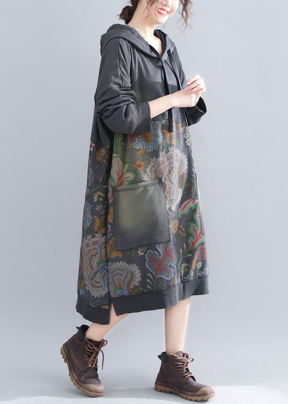 Grey Sweatshirt Dresses Hooded Drawstring Pockets Spring
