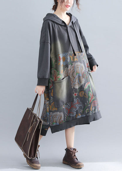 Grey Sweatshirt Dresses Hooded Drawstring Pockets Spring