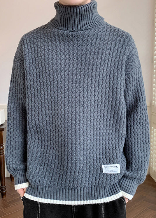 Grey Thick Patchwork Knit Winter Sweater Turtleneck