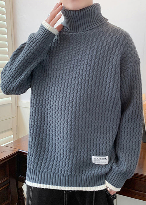 Grey Thick Patchwork Knit Winter Sweater Turtleneck