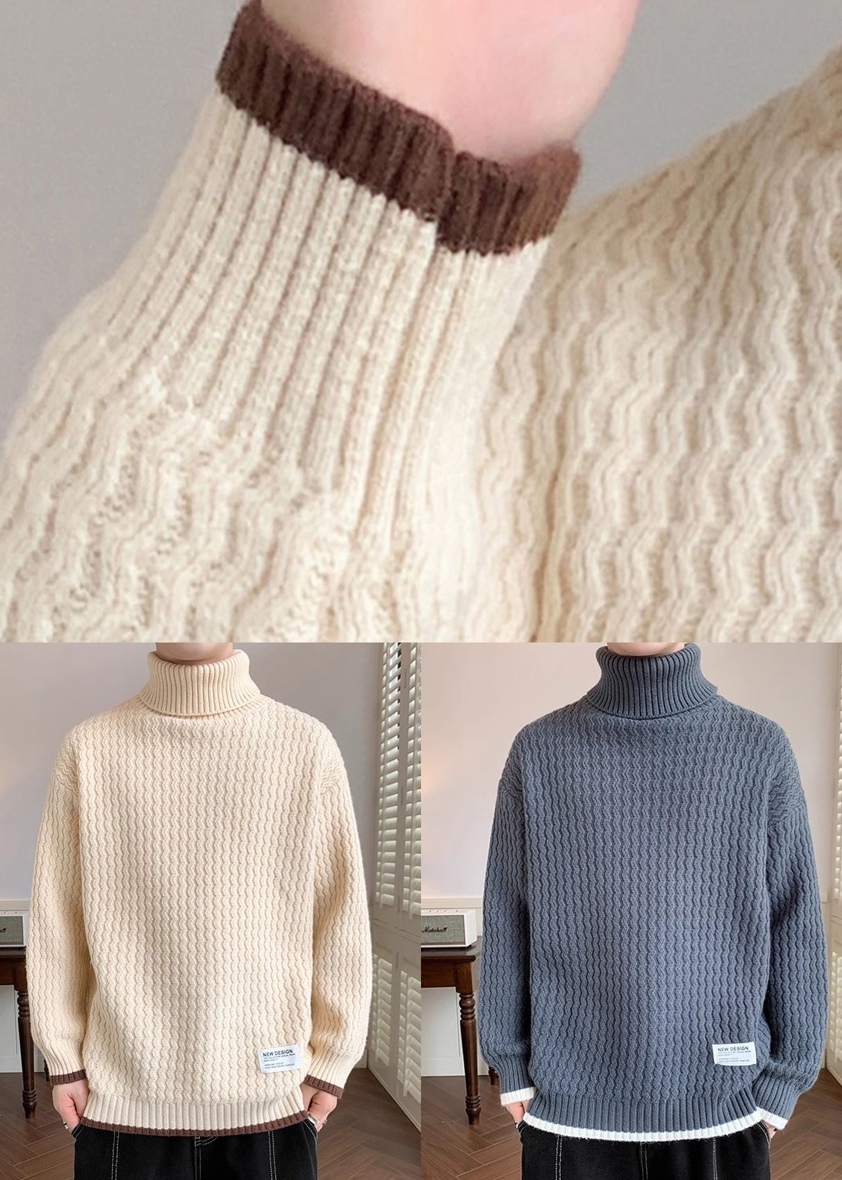 Grey Thick Patchwork Knit Winter Sweater Turtleneck