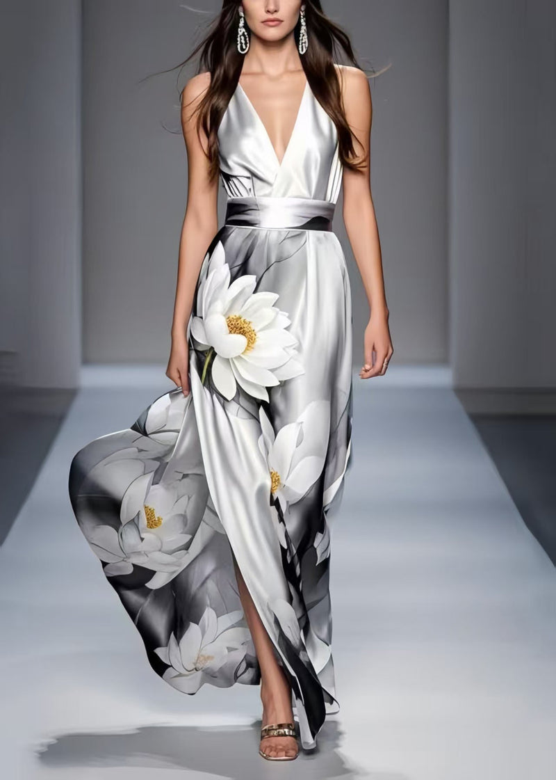 Grey Tie Dye Draping Silk Party Dresses Flower Print Summer