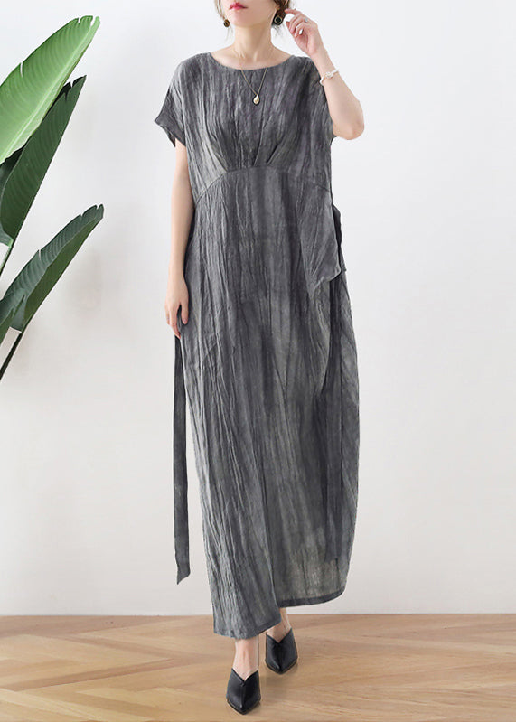Grey Tie Dye Long Dresses Tie Waist Short Sleeve