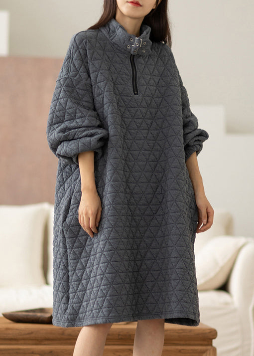 Grey Warm Cotton a Line Dress Stand Collar Oversized Spring