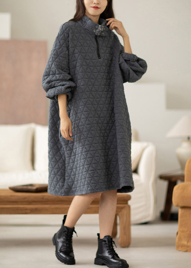 Grey Warm Cotton a Line Dress Stand Collar Oversized Spring