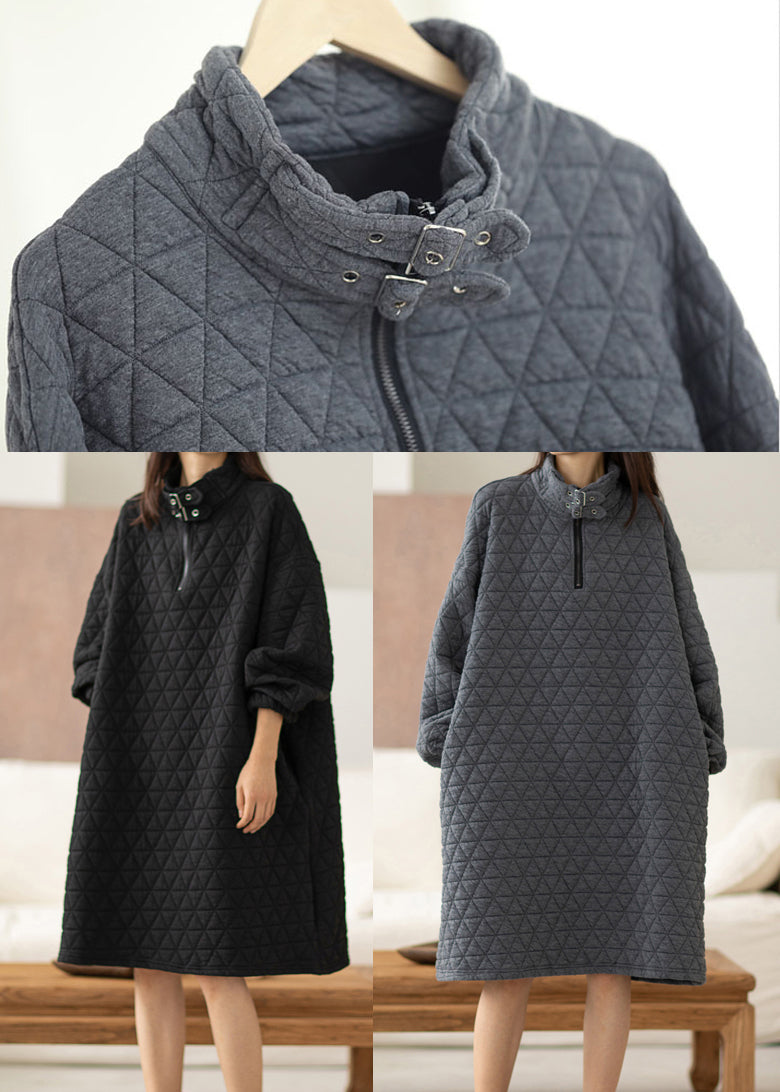 Grey Warm Cotton a Line Dress Stand Collar Oversized Spring