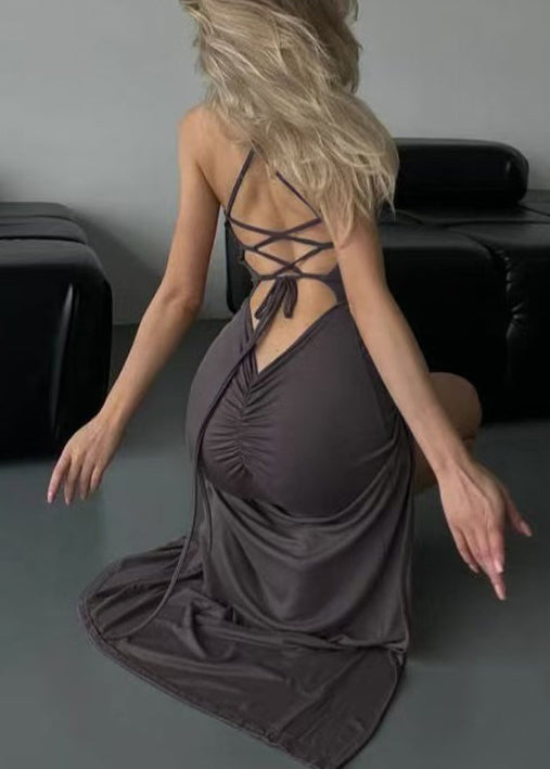 Grey Wrinkled Cotton Sleeveless Spaghetti Strap Dress Lace Up
