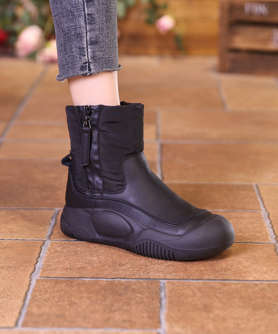 Grey Zippered Splicing Boots Fuzzy Wool Lined