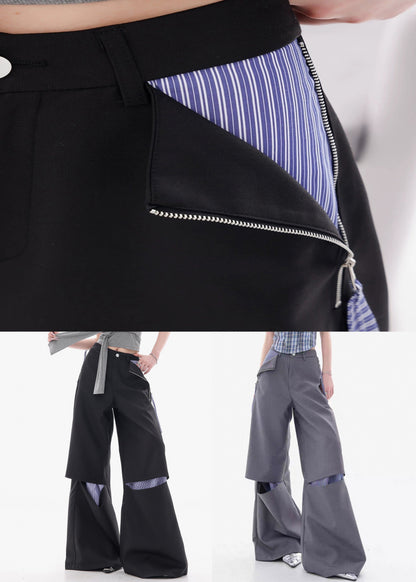 Grey Zippered Patchwork False Two Pieces Cotton Fall Pants Hole