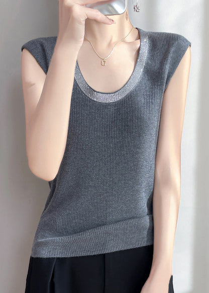 Grey Zircon Patchwork Knit Tank U Neck Sleeveless