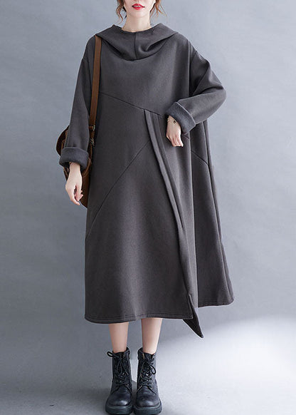 Grey Asymmetrical Design Warm Fleece Long Dresses Hooded Winter