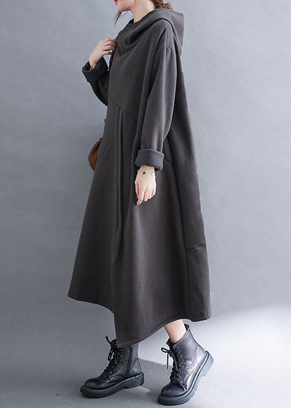 Grey Asymmetrical Design Warm Fleece Long Dresses Hooded Winter