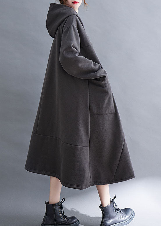 Grey Asymmetrical Design Warm Fleece Long Dresses Hooded Winter