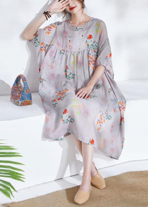 Grey Lantern Sleeve Patchwork Print Summer Ramie Party Dress Half Sleeve