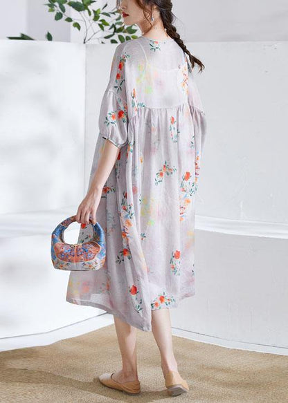 Grey Lantern Sleeve Patchwork Print Summer Ramie Party Dress Half Sleeve