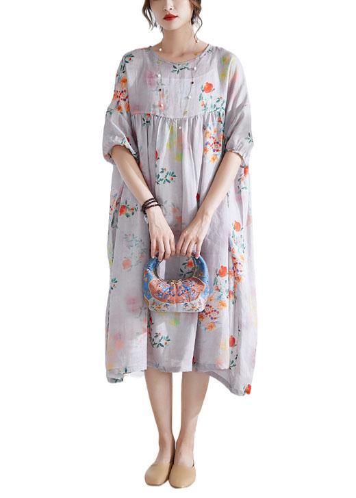 Grey Lantern Sleeve Patchwork Print Summer Ramie Party Dress Half Sleeve