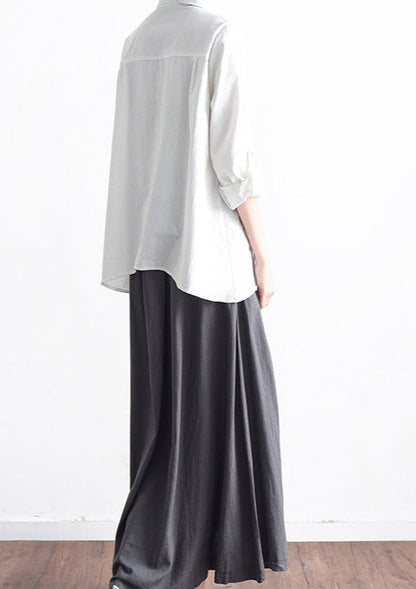 Grey Long Linen Maxi Skirt Pockets Pleated Skirts