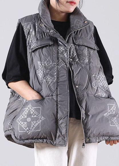 Grey Zippered Pockets Print Winter Duck Down Sleeveless Down Vest