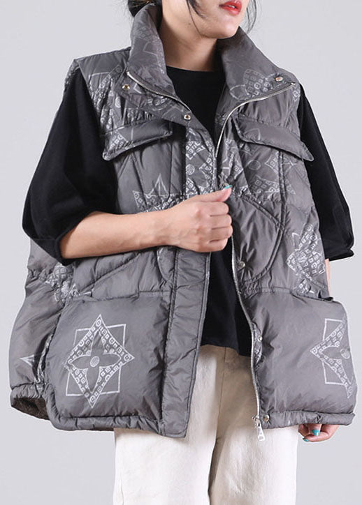 Grey Zippered Pockets Print Winter Duck Down Sleeveless Down Vest