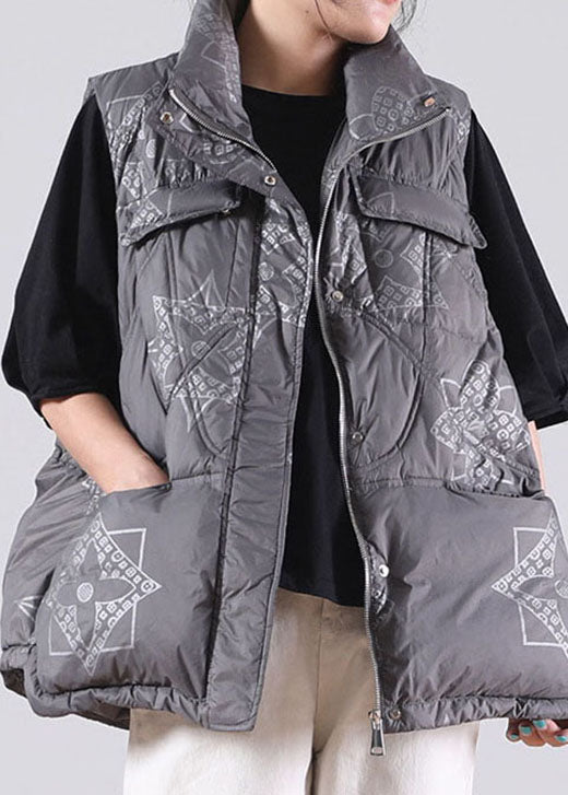 Grey Zippered Pockets Print Winter Duck Down Sleeveless Down Vest