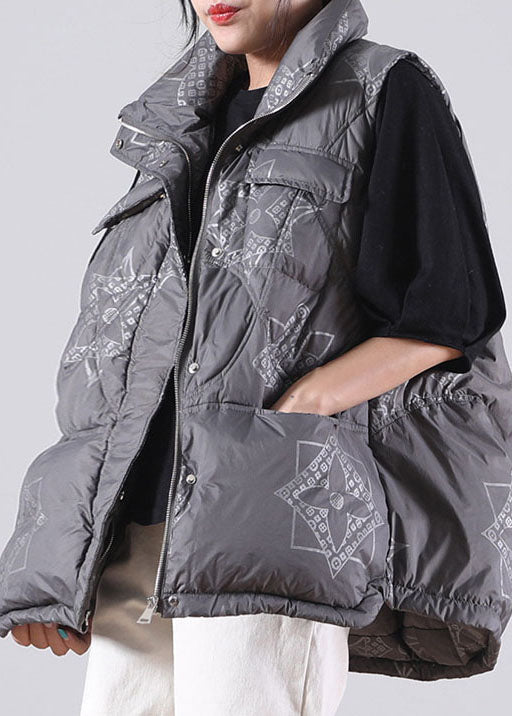 Grey Zippered Pockets Print Winter Duck Down Sleeveless Down Vest