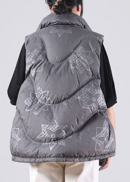 Grey Zippered Pockets Print Winter Duck Down Sleeveless Down Vest