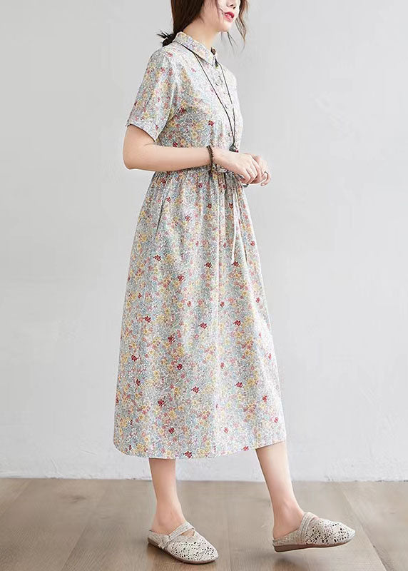 Half Sleeve O-neck Pleated Print Maxi Dress