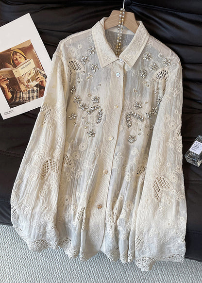 Handmade Apricot Embroidered Zircon Hollow Out Cotton Blouses Fall