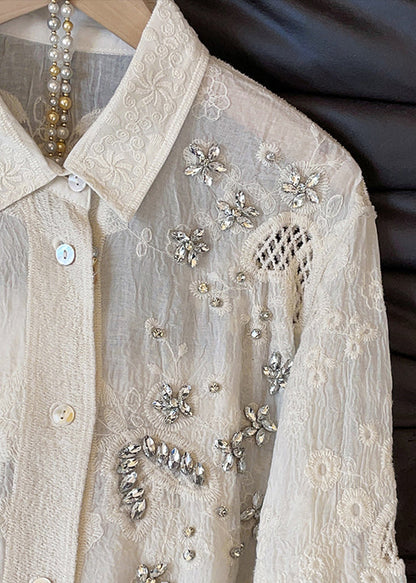 Handmade Apricot Embroidered Zircon Hollow Out Cotton Blouses Fall