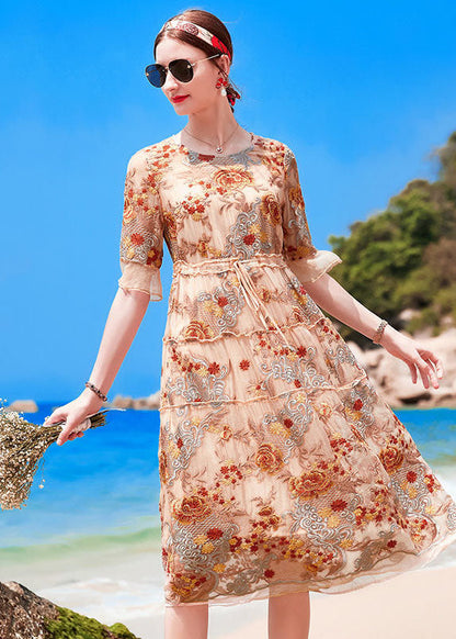 Handmade Apricot O-neck Embroideried Ruffled Silk Cinch Dresses Short Sleeve