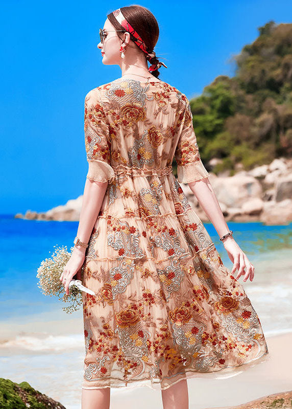 Handmade Apricot O-neck Embroideried Ruffled Silk Cinch Dresses Short Sleeve