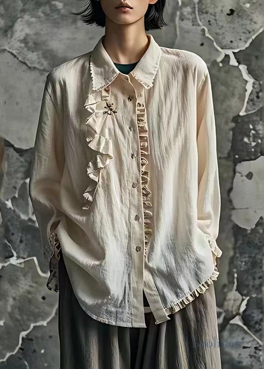 Handmade Apricot Peter Pan Collar Ruffled Shirt Long Sleeve