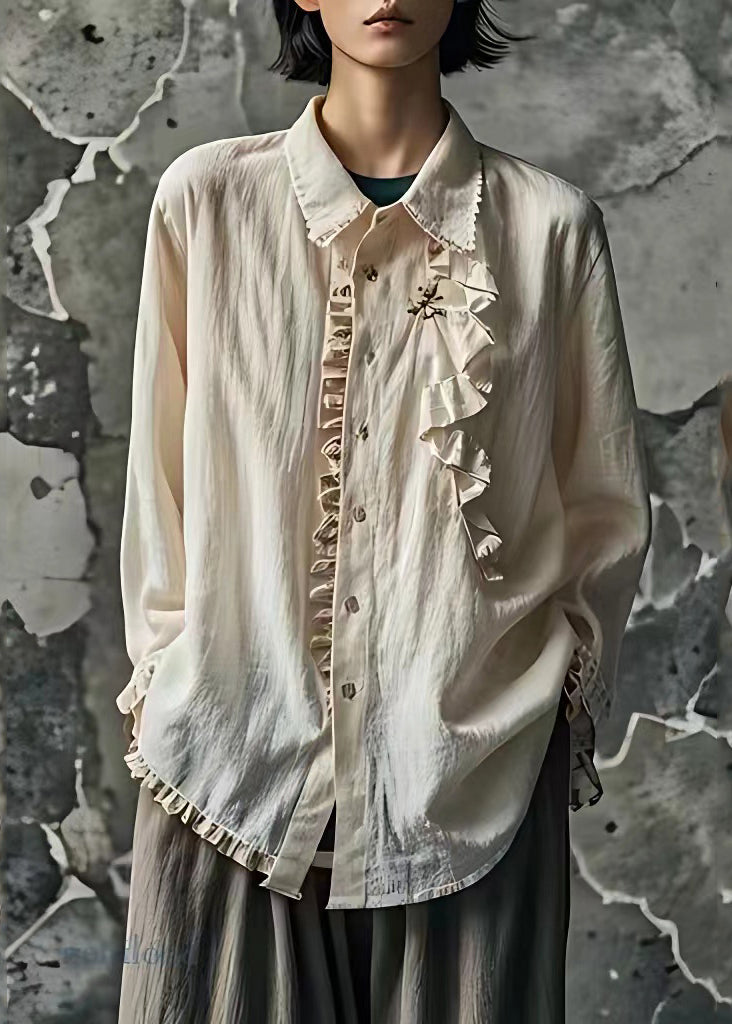 Handmade Apricot Peter Pan Collar Ruffled Shirt Long Sleeve