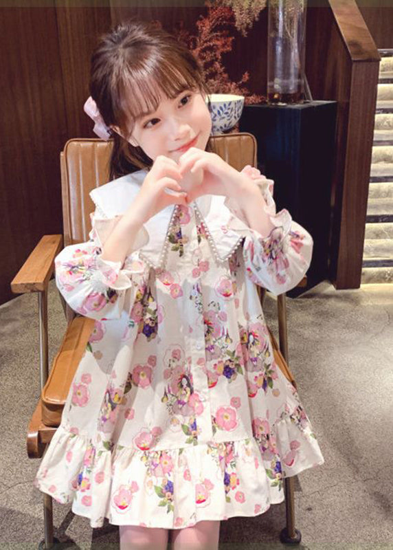 Handmade Apricot Print Nail Bead Mid Dress Long Sleeve