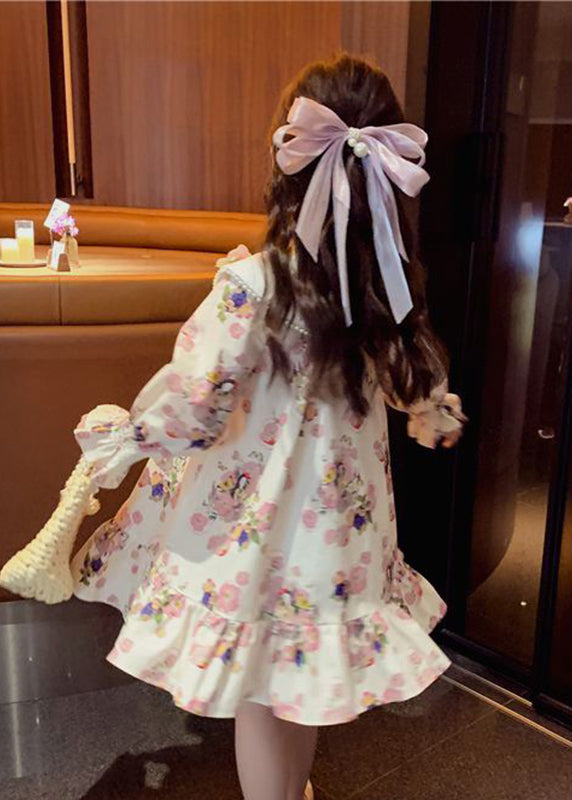Handmade Apricot Print Nail Bead Mid Dress Long Sleeve