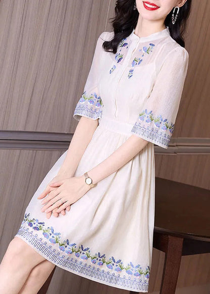 Handmade Apricot Stand Collar Print Slim Mid Dress Short Sleeve