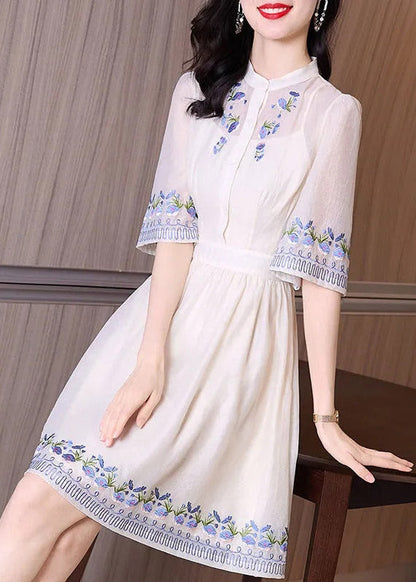 Handmade Apricot Stand Collar Print Slim Mid Dress Short Sleeve