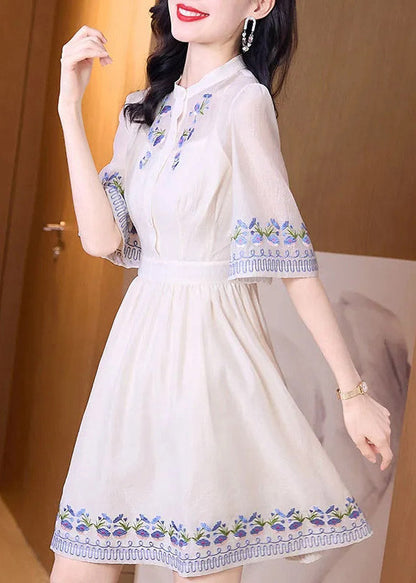 Handmade Apricot Stand Collar Print Slim Mid Dress Short Sleeve