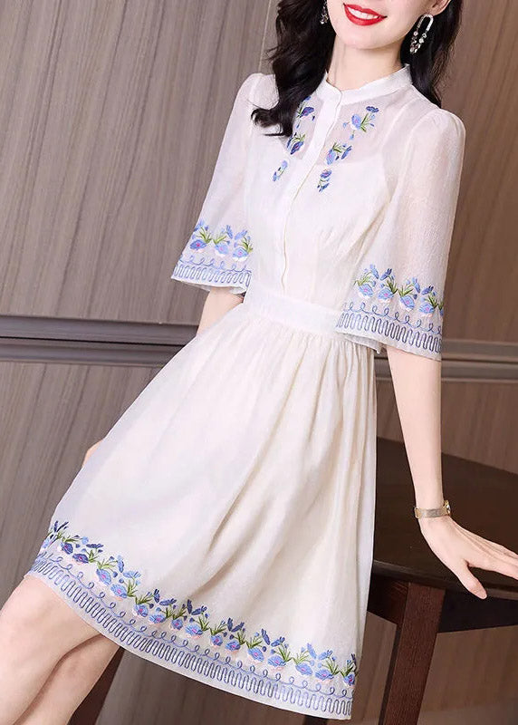 Handmade Apricot Stand Collar Print Slim Mid Dress Short Sleeve