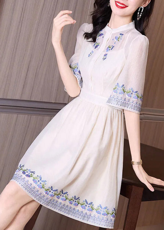 Handmade Apricot Stand Collar Print Slim Mid Dress Short Sleeve