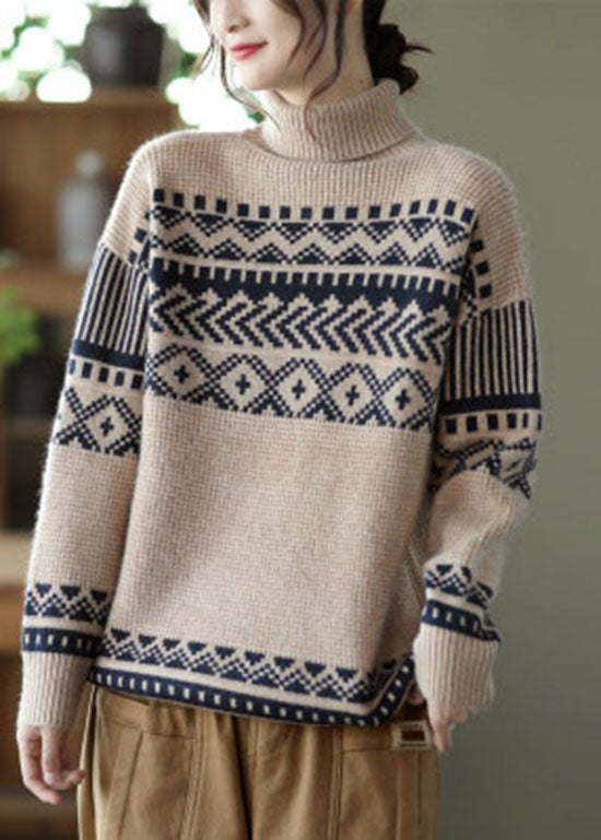 Handmade Apricot Turtle Neck Thick Print Knit Pullover Spring
