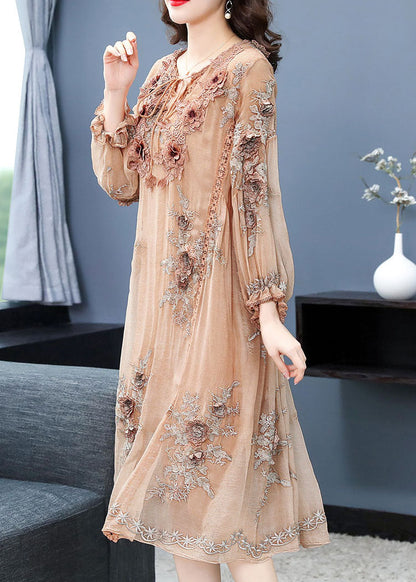 Handmade Apricot V Neck Embroideried Silk Maxi Dress Long Sleeve