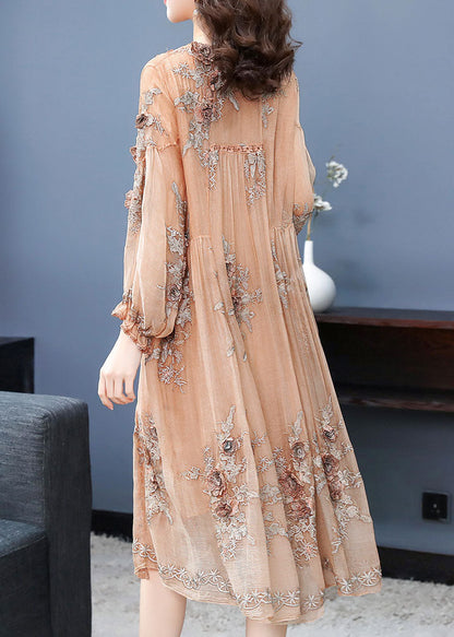 Handmade Apricot V Neck Embroideried Silk Maxi Dress Long Sleeve