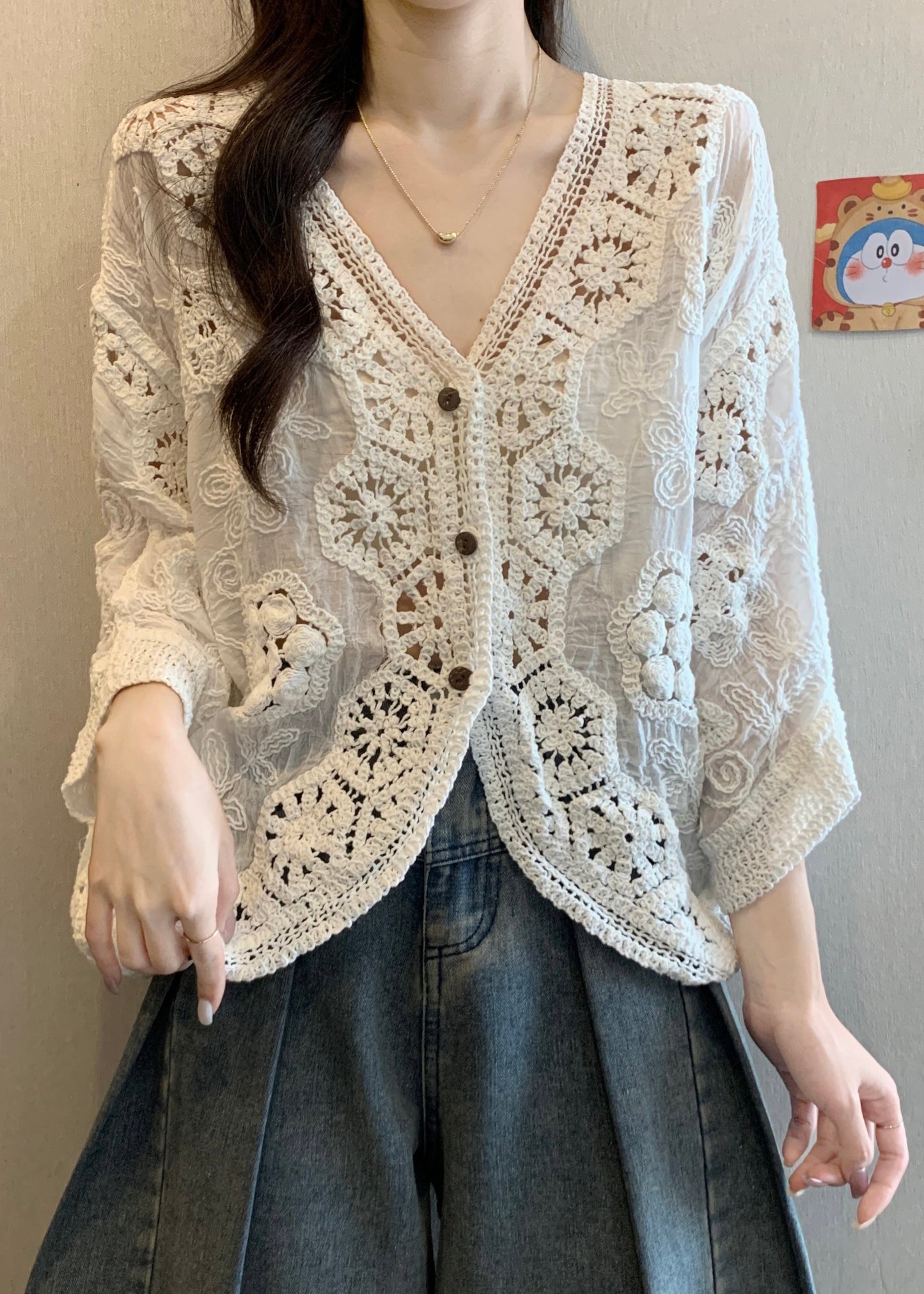 Handmade Apricot V Neck Hollow Out Button Cardigan Spring
